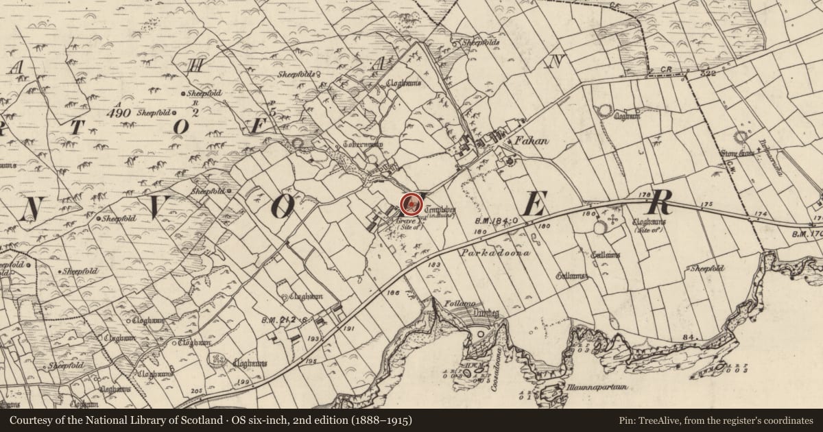 Ordnance Survey six-inch map, 2nd edition (1888–1915) covering the location of Church, Fán, County Kerry, with a pin at the register's coordinates