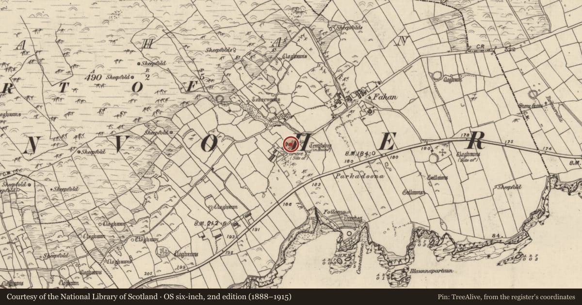 Ordnance Survey six-inch map, 2nd edition (1888–1915) covering the location of Cross, Fán, County Kerry, with a pin at the register's coordinates