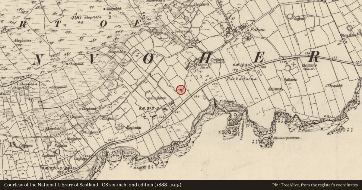 Ordnance Survey six-inch map, 2nd edition (1888–1915) covering the location of Clochan, Fán, County Kerry, with a pin at the register's coordinates