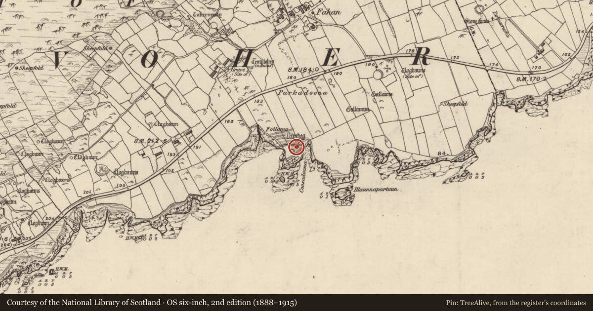 Ordnance Survey six-inch map, 2nd edition (1888–1915) covering the location of Promontory fort - coastal, Fán, County Kerry, with a pin at the register's coordinates