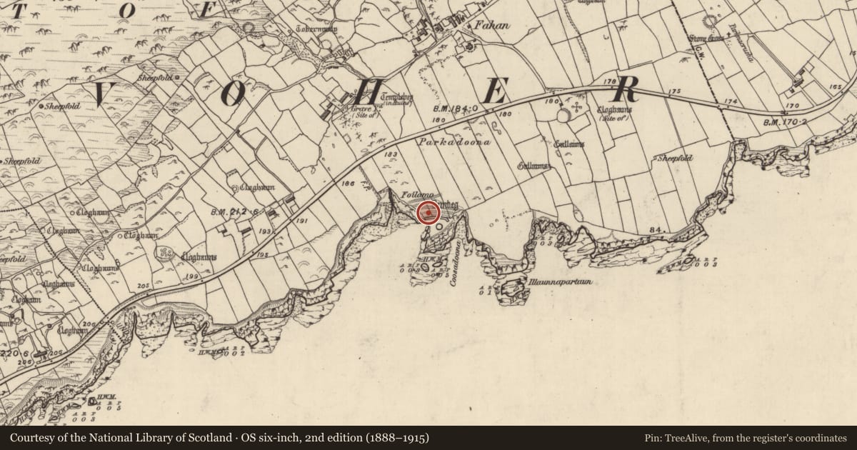 Ordnance Survey six-inch map, 2nd edition (1888–1915) covering the location of Souterrain, Fán, County Kerry, with a pin at the register's coordinates