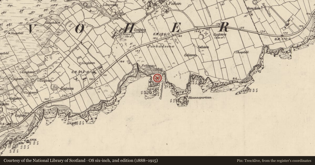 Ordnance Survey six-inch map, 2nd edition (1888–1915) covering the location of Clochan, Fán, County Kerry, with a pin at the register's coordinates
