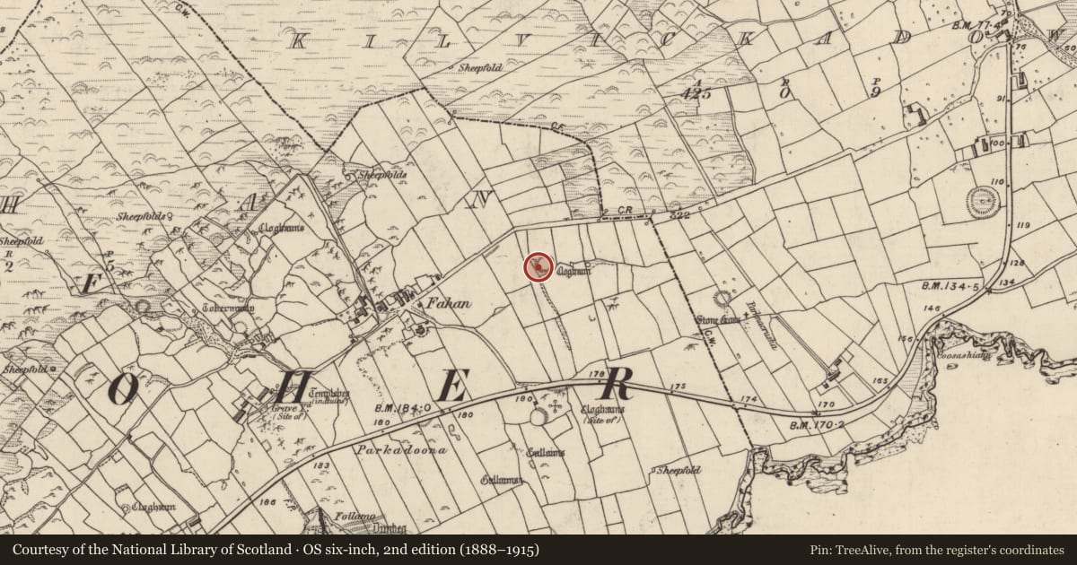 Ordnance Survey six-inch map, 2nd edition (1888–1915) covering the location of Clochan, Fán, County Kerry, with a pin at the register's coordinates