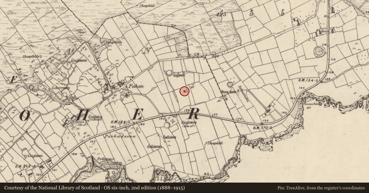 Ordnance Survey six-inch map, 2nd edition (1888–1915) covering the location of Clochan, Fán, County Kerry, with a pin at the register's coordinates