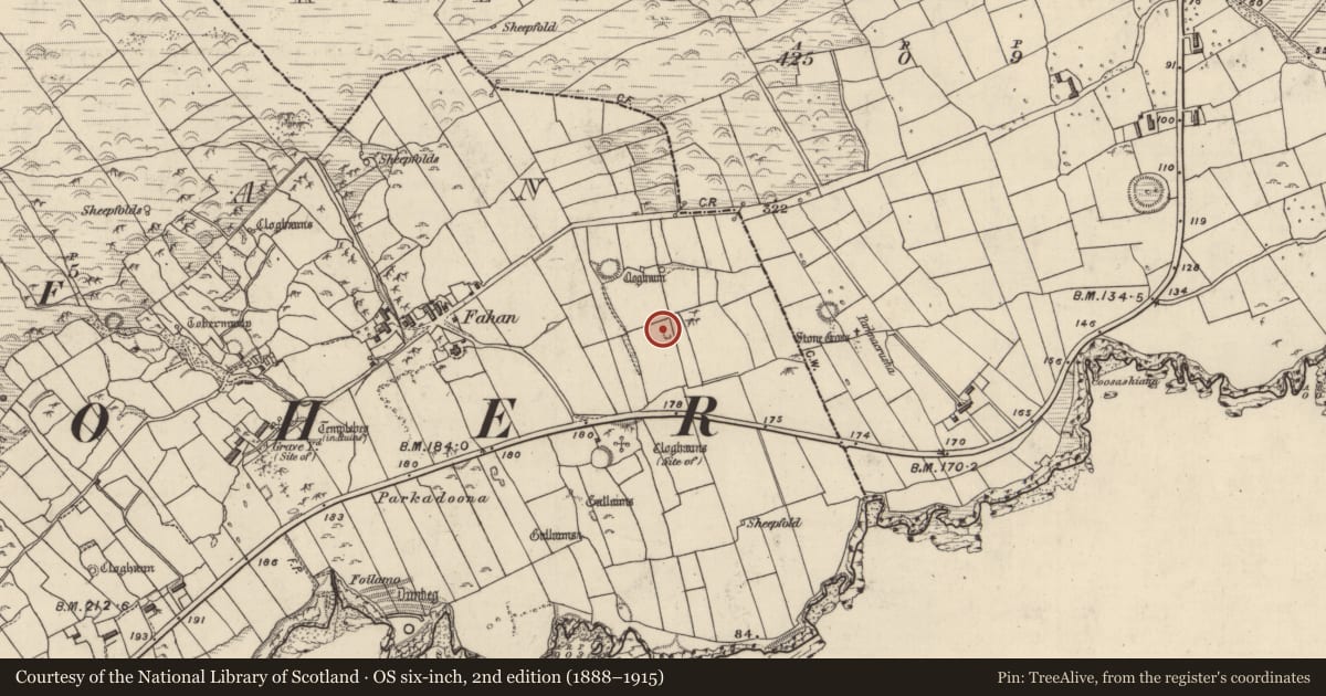 Ordnance Survey six-inch map, 2nd edition (1888–1915) covering the location of Clochan, Fán, County Kerry, with a pin at the register's coordinates