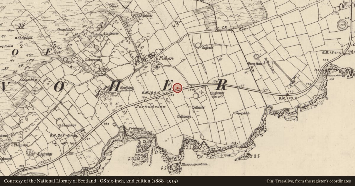 Ordnance Survey six-inch map, 2nd edition (1888–1915) covering the location of Clochan, Fán, County Kerry, with a pin at the register's coordinates