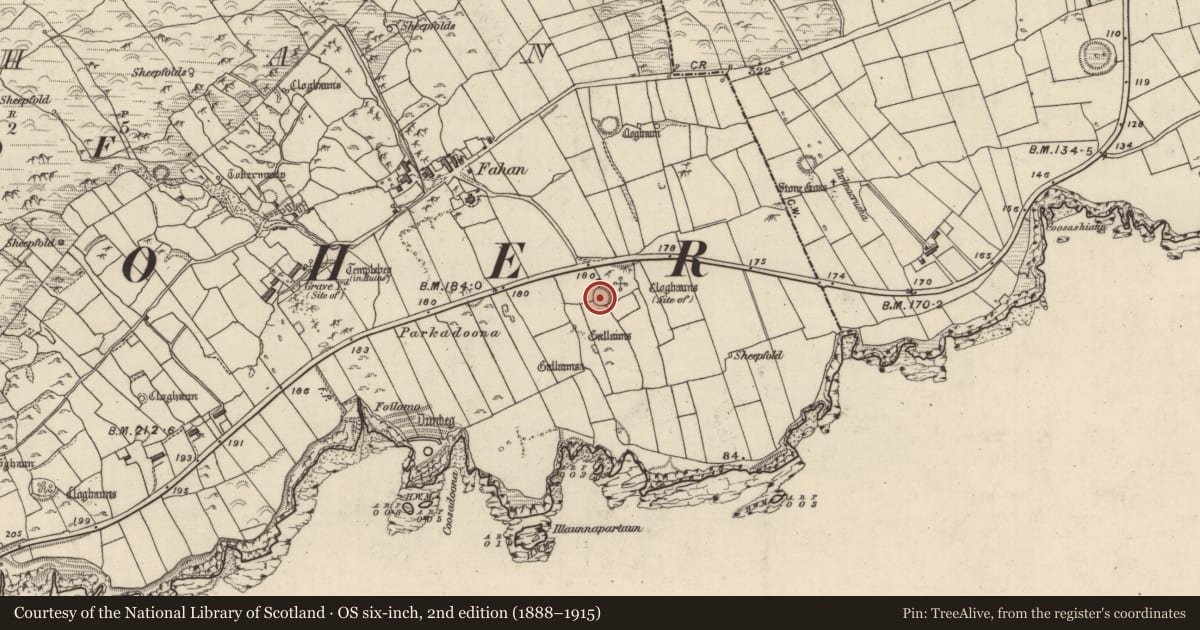 Ordnance Survey six-inch map, 2nd edition (1888–1915) covering the location of Ringfort - cashel, Fán, County Kerry, with a pin at the register's coordinates