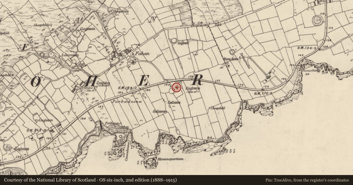 Ordnance Survey six-inch map, 2nd edition (1888–1915) covering the location of Clochan, Fán, County Kerry, with a pin at the register's coordinates