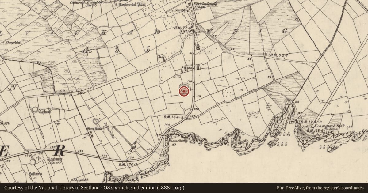 Ordnance Survey six-inch map, 2nd edition (1888–1915) covering the location of Hut site, Cill Mhic An Domhnaigh, County Kerry, with a pin at the register's coordinates
