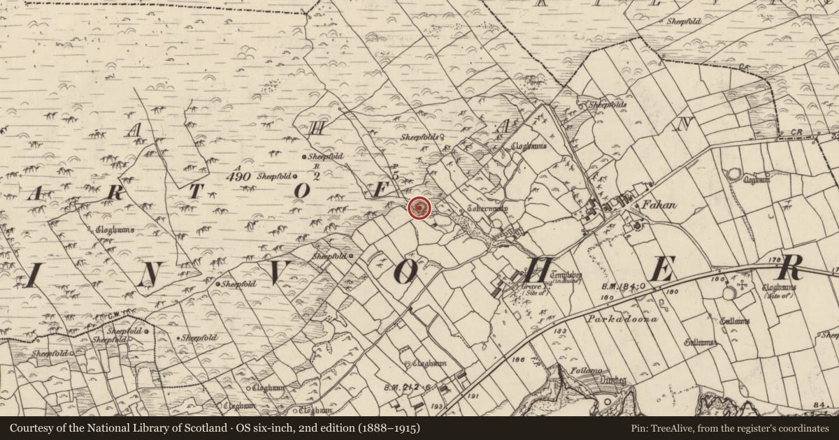 Ordnance Survey six-inch map, 2nd edition (1888–1915) covering the location of Enclosure, Fán, County Kerry, with a pin at the register's coordinates