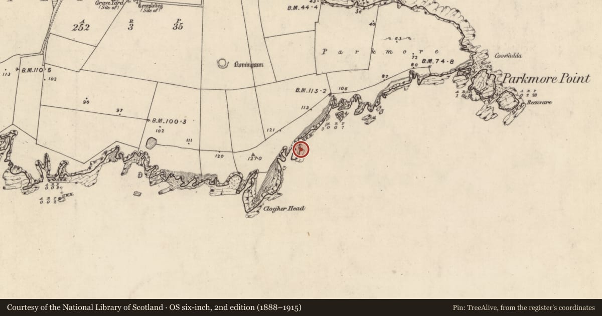 Ordnance Survey six-inch map, 2nd edition (1888–1915) covering the location of Promontory fort - coastal, Cill Fearnóg, County Kerry, with a pin at the register's coordinates