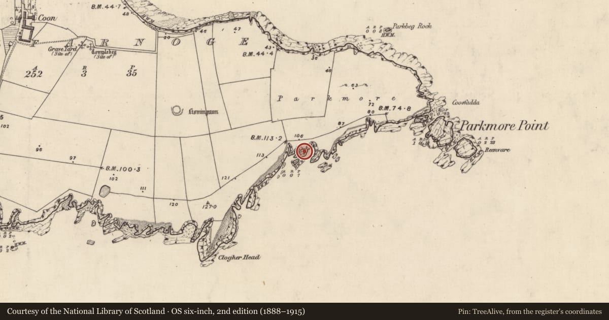Ordnance Survey six-inch map, 2nd edition (1888–1915) covering the location of Promontory fort - coastal, Cill Fearnóg, County Kerry, with a pin at the register's coordinates