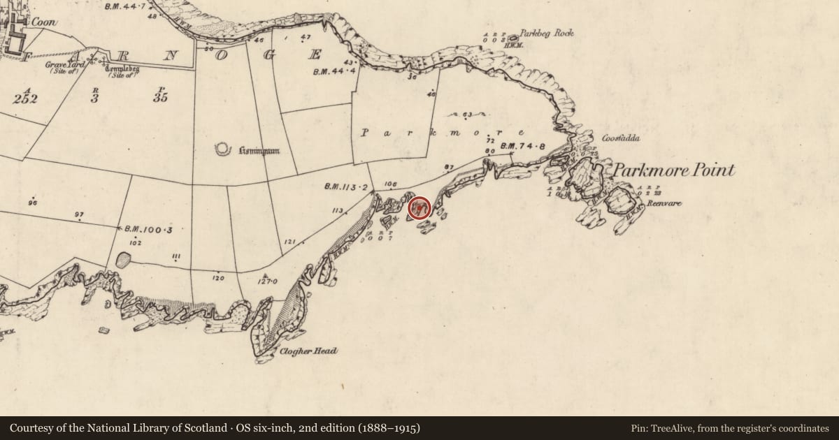 Ordnance Survey six-inch map, 2nd edition (1888–1915) covering the location of Promontory fort - coastal, Cill Fearnóg, County Kerry, with a pin at the register's coordinates