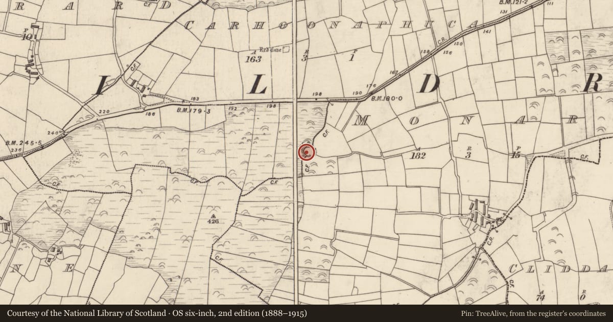 Ordnance Survey six-inch map, 2nd edition (1888–1915) covering the location of Hut site, Móin An Fhraoigh, County Kerry, with a pin at the register's coordinates