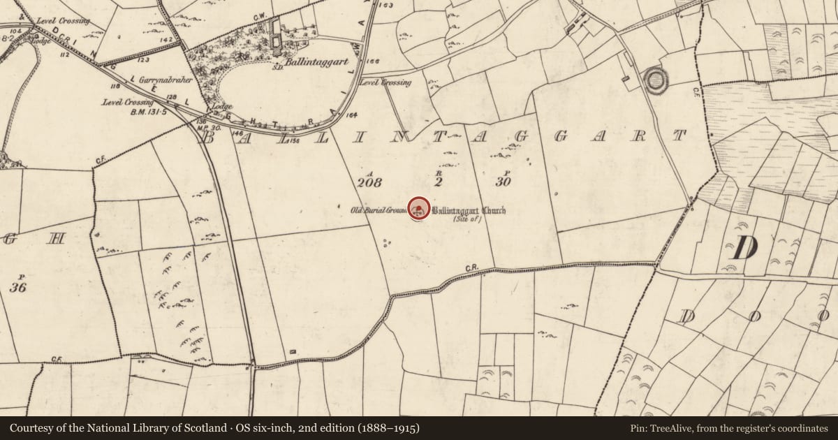 Ordnance Survey six-inch map, 2nd edition (1888–1915) covering the location of Church, Baile An Tsagairt (TC Na Gleannta), County Kerry, with a pin at the register's coordinates
