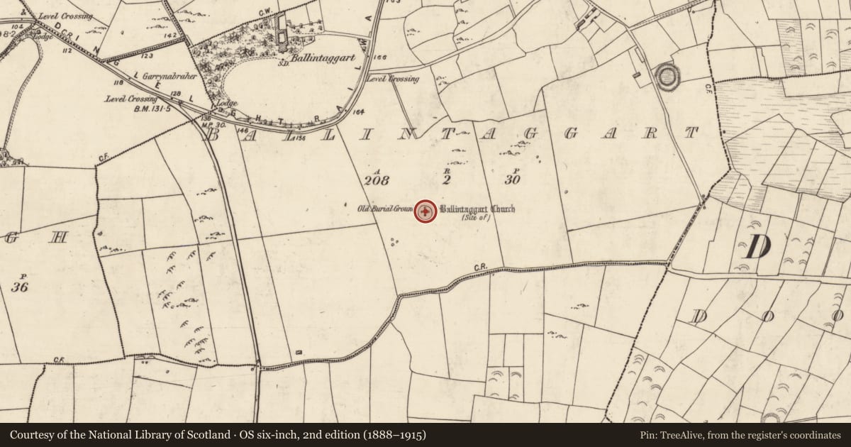 Ordnance Survey six-inch map, 2nd edition (1888–1915) covering the location of Graveyard, Baile An Tsagairt (TC Na Gleannta), County Kerry, with a pin at the register's coordinates