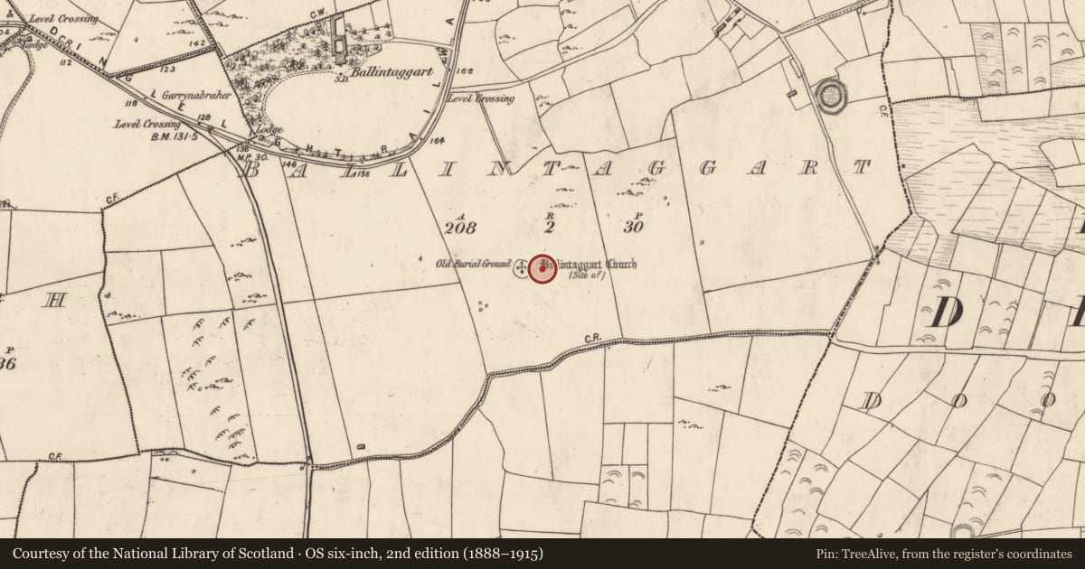 Ordnance Survey six-inch map, 2nd edition (1888–1915) covering the location of Building, Baile An Tsagairt (TC Na Gleannta), County Kerry, with a pin at the register's coordinates