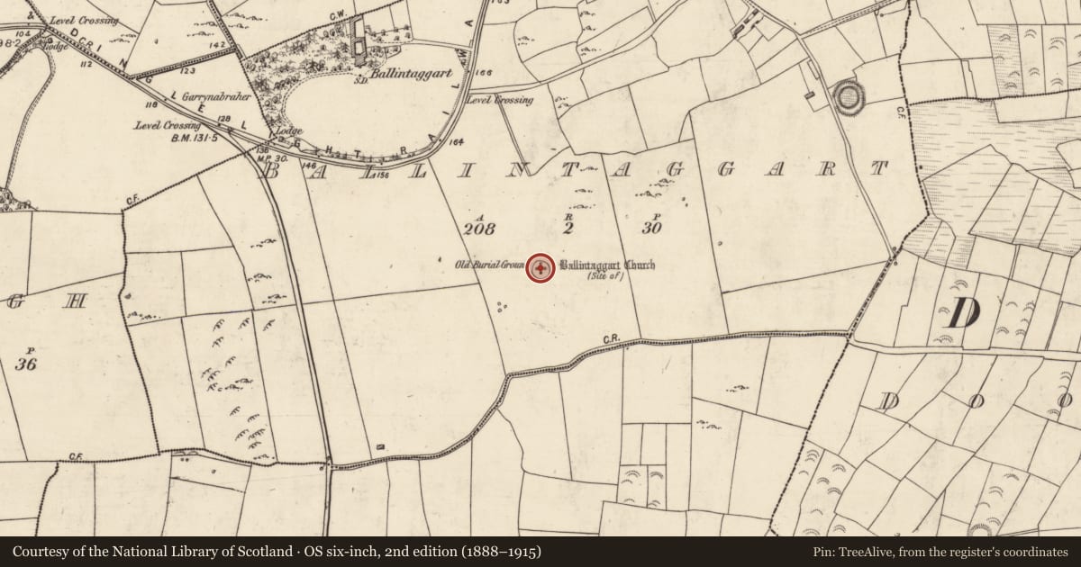 Ordnance Survey six-inch map, 2nd edition (1888–1915) covering the location of Ogham stone (present location), Baile An Tsagairt (TC Na Gleannta), County Kerry, with a pin at the register's coordinates