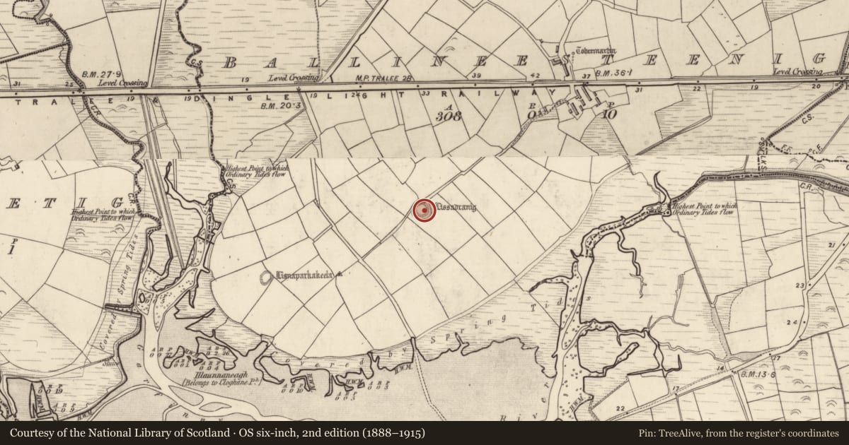 Ordnance Survey six-inch map, 2nd edition (1888–1915) covering the location of Ringfort - rath, Baile An Ístínigh, County Kerry, with a pin at the register's coordinates