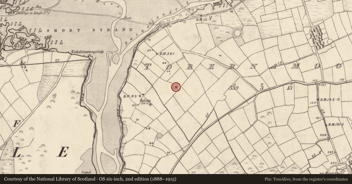 Ordnance Survey six-inch map, 2nd edition (1888–1915) covering the location of Hut site, Tobar Na Múdán, County Kerry, with a pin at the register's coordinates