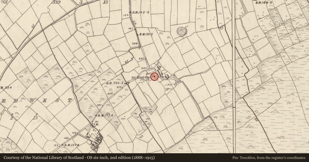 Ordnance Survey six-inch map, 2nd edition (1888–1915) covering the location of Church, Cinn Aird Thoir (TC Cinn Aird), County Kerry, with a pin at the register's coordinates