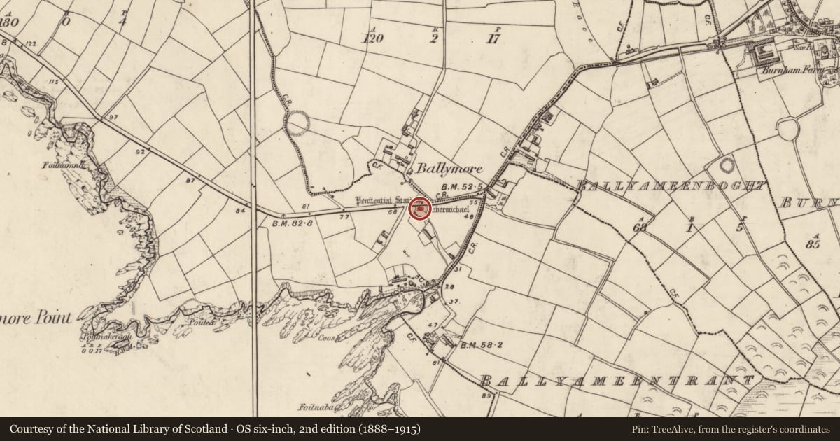 Ordnance Survey six-inch map, 2nd edition (1888–1915) covering the location of Ritual site - holy well, Baile Mór Thiar, County Kerry, with a pin at the register's coordinates