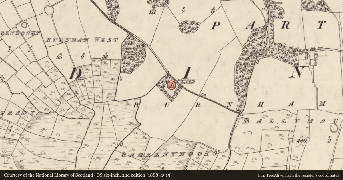 Ordnance Survey six-inch map, 2nd edition (1888–1915) covering the location of Ecclesiastical enclosure, Ráithín Uí Bhuaigh, County Kerry, with a pin at the register's coordinates