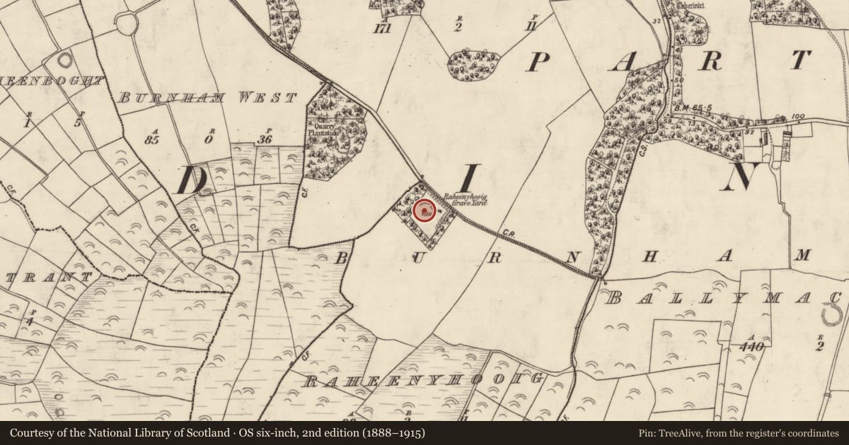 Ordnance Survey six-inch map, 2nd edition (1888–1915) covering the location of Burial ground, Ráithín Uí Bhuaigh, County Kerry, with a pin at the register's coordinates