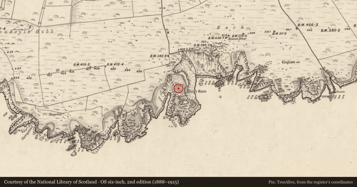 Ordnance Survey six-inch map, 2nd edition (1888–1915) covering the location of Burial ground, Baile Mhic An Daill, County Kerry, with a pin at the register's coordinates