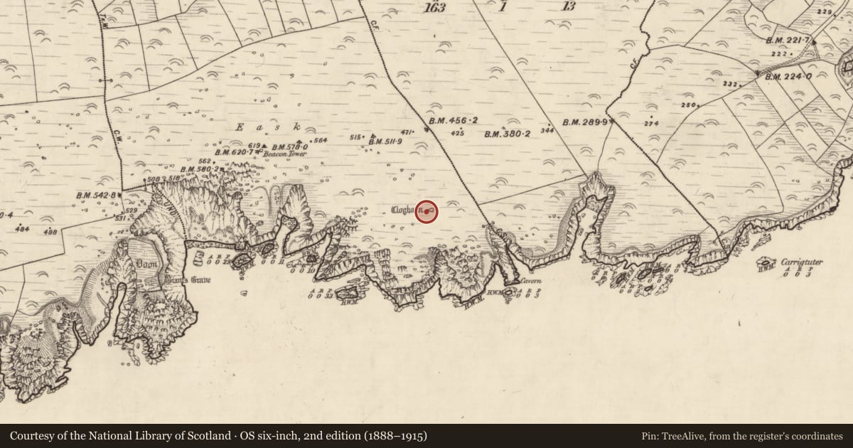 Ordnance Survey six-inch map, 2nd edition (1888–1915) covering the location of Hut site, An Cheathrú Thiar, County Kerry, with a pin at the register's coordinates