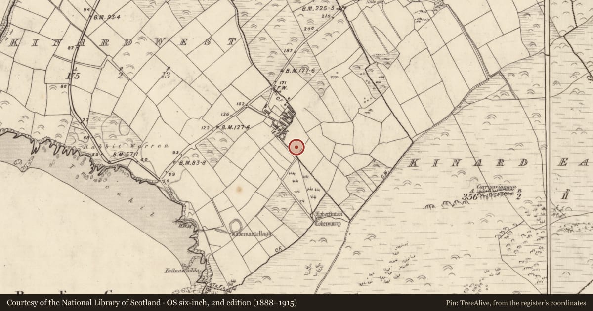 Ordnance Survey six-inch map, 2nd edition (1888–1915) covering the location of Hut site, Tobar Na Múdán, County Kerry, with a pin at the register's coordinates