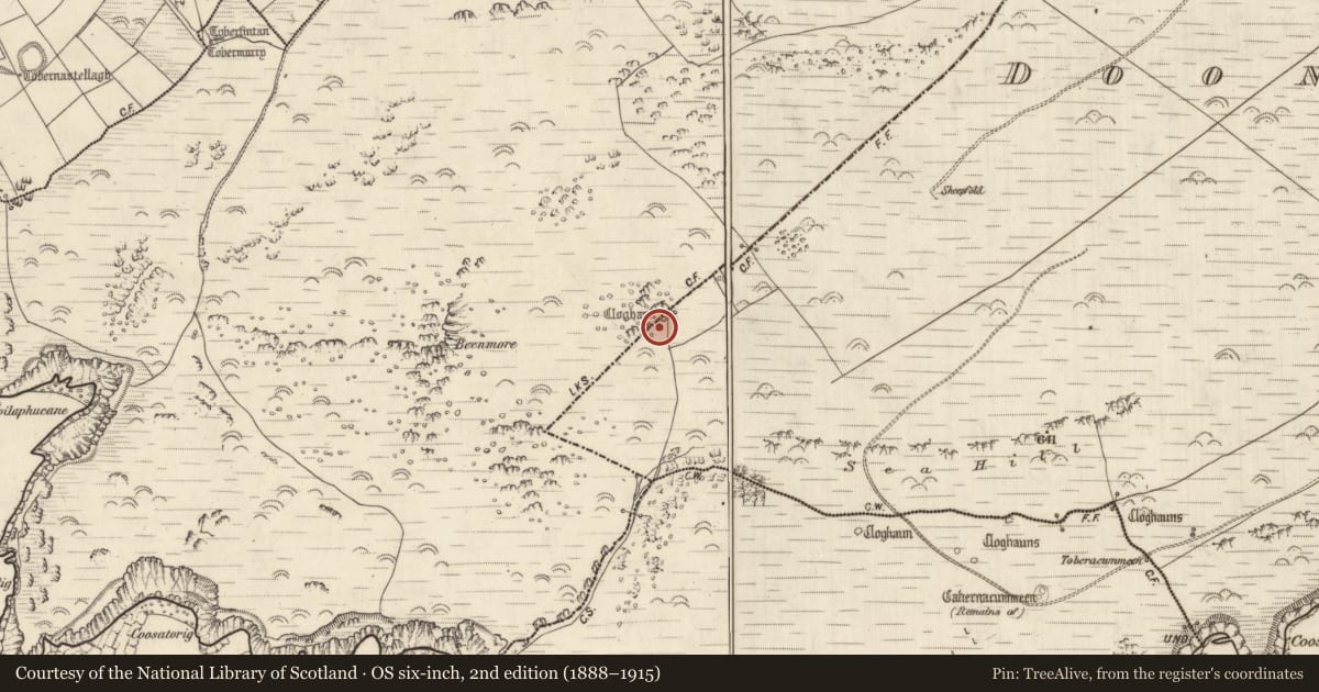 Ordnance Survey six-inch map, 2nd edition (1888–1915) covering the location of Hut site, Na Dúnta Thiar, County Kerry, with a pin at the register's coordinates