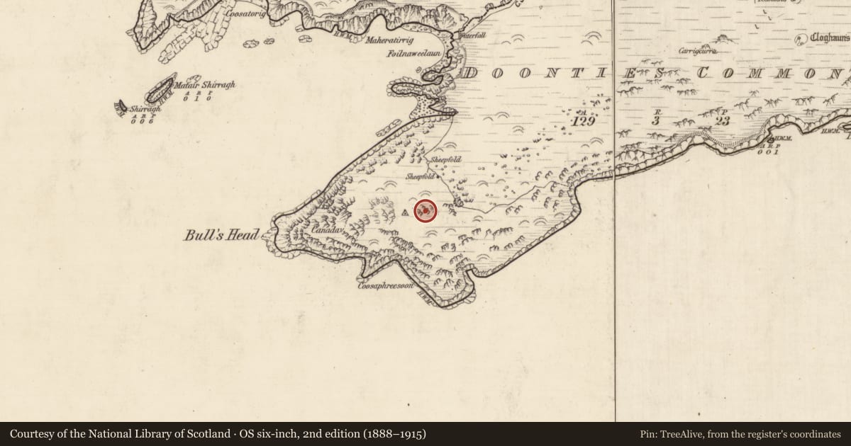 Ordnance Survey six-inch map, 2nd edition (1888–1915) covering the location of Hut site, An Coimín (TC An Mhín Aird), County Kerry, with a pin at the register's coordinates