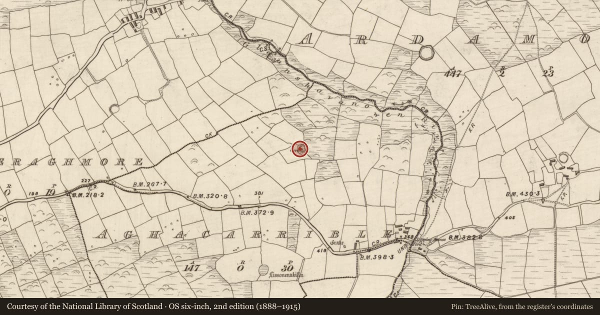 Ordnance Survey six-inch map, 2nd edition (1888–1915) covering the location of Ringfort - rath, Áth An Charbaill, County Kerry, with a pin at the register's coordinates