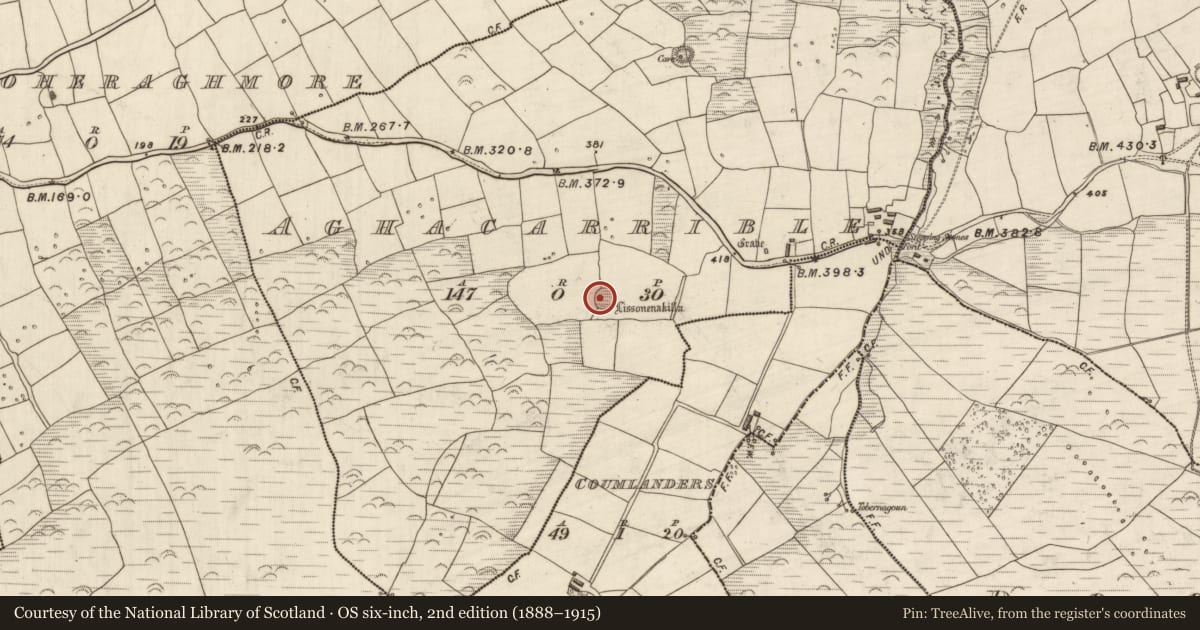 Ordnance Survey six-inch map, 2nd edition (1888–1915) covering the location of Clochan, Áth An Charbaill, County Kerry, with a pin at the register's coordinates