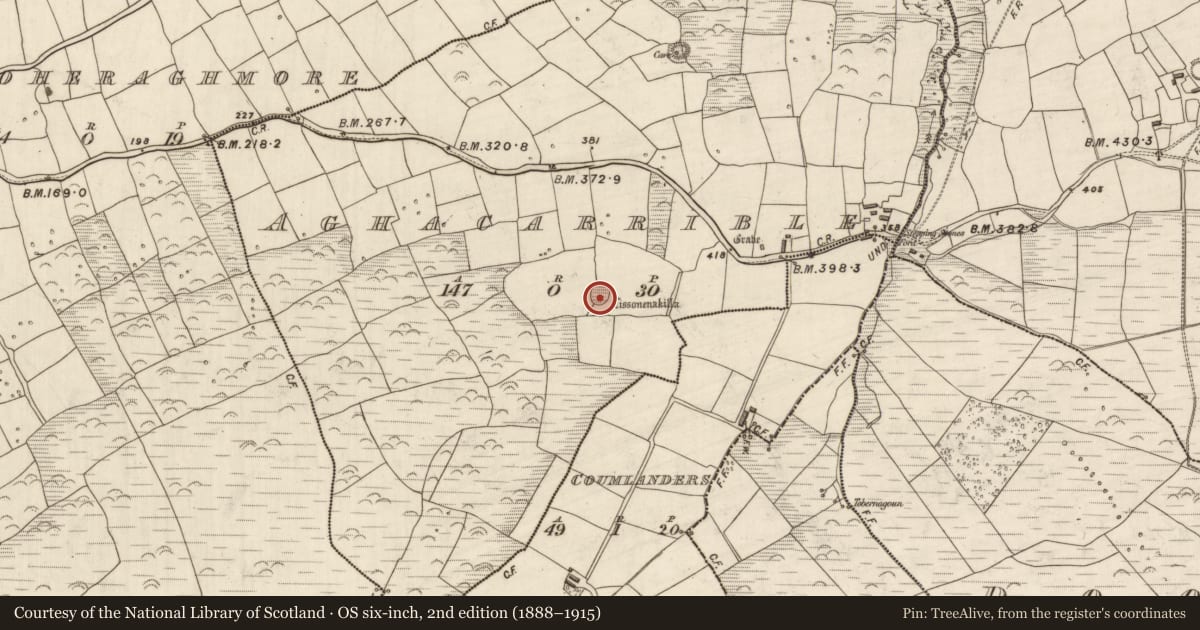 Ordnance Survey six-inch map, 2nd edition (1888–1915) covering the location of Mound, Áth An Charbaill, County Kerry, with a pin at the register's coordinates