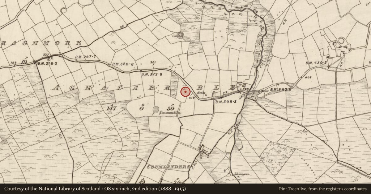Ordnance Survey six-inch map, 2nd edition (1888–1915) covering the location of Cist, Áth An Charbaill, County Kerry, with a pin at the register's coordinates