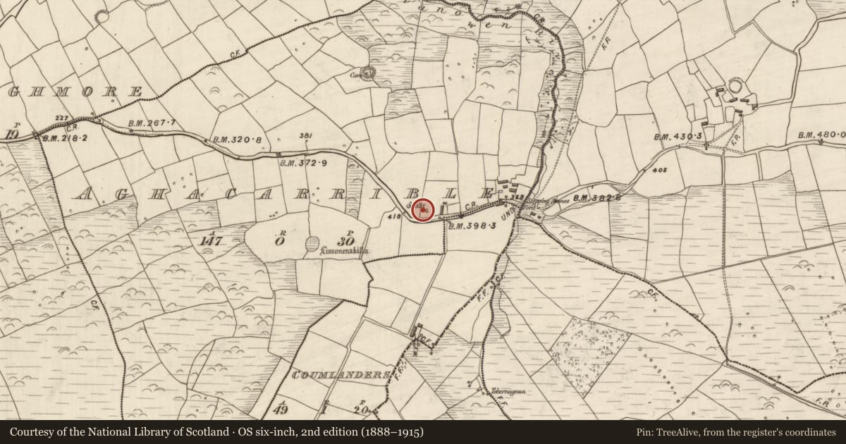 Ordnance Survey six-inch map, 2nd edition (1888–1915) covering the location of Burial, Áth An Charbaill, County Kerry, with a pin at the register's coordinates