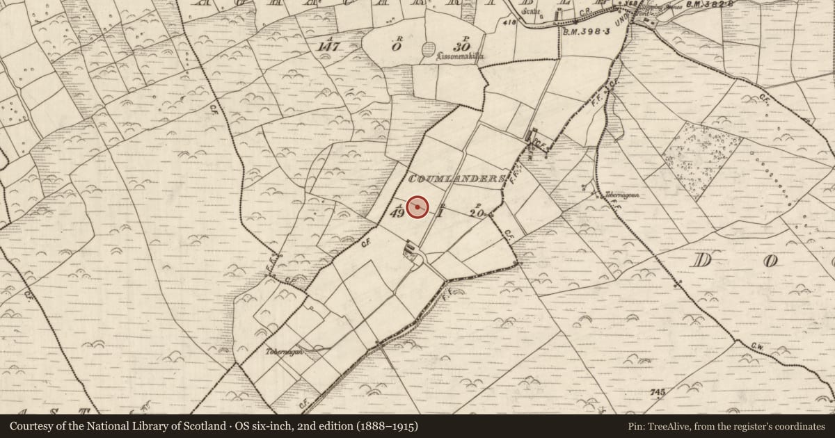 Ordnance Survey six-inch map, 2nd edition (1888–1915) covering the location of Enclosure, Com An Lóndraigh, County Kerry, with a pin at the register's coordinates