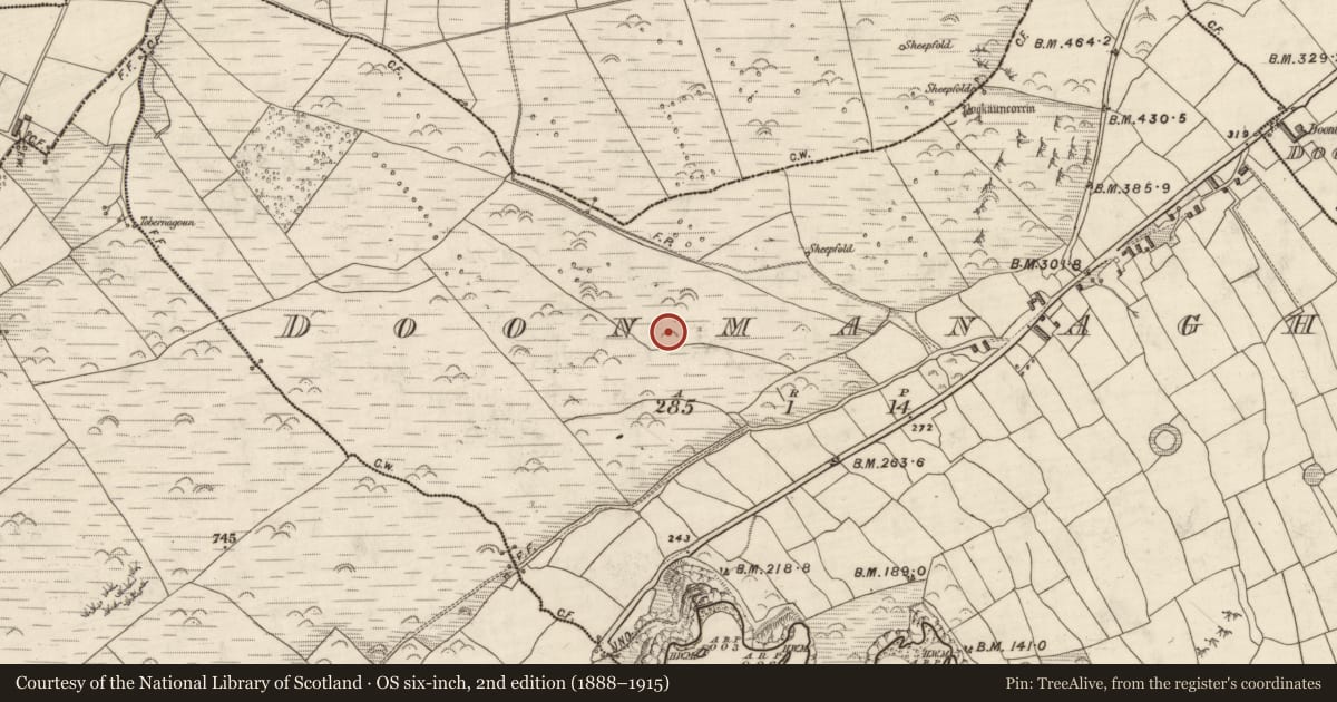 Ordnance Survey six-inch map, 2nd edition (1888–1915) covering the location of Hut site, Dún Na Manach, County Kerry, with a pin at the register's coordinates