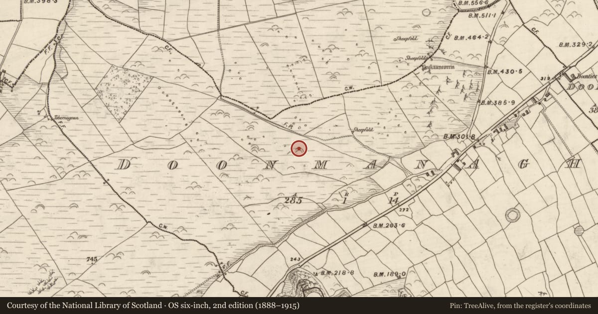 Ordnance Survey six-inch map, 2nd edition (1888–1915) covering the location of Hut site, Dún Na Manach, County Kerry, with a pin at the register's coordinates