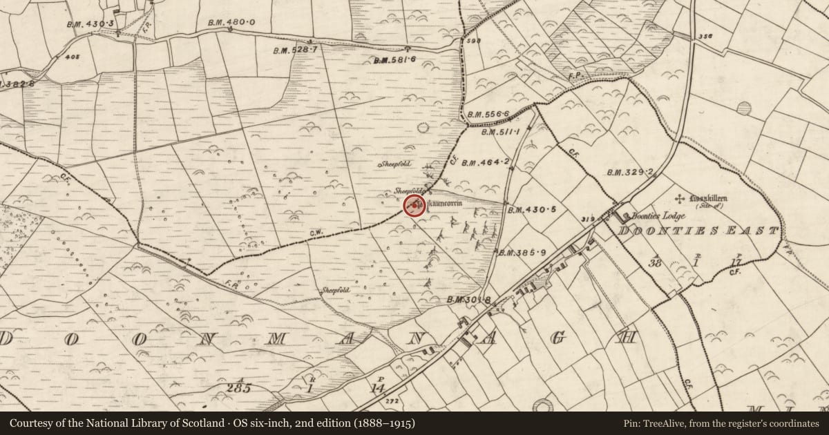 Ordnance Survey six-inch map, 2nd edition (1888–1915) covering the location of Megalithic tomb - wedge tomb, Dún Na Manach, County Kerry, with a pin at the register's coordinates