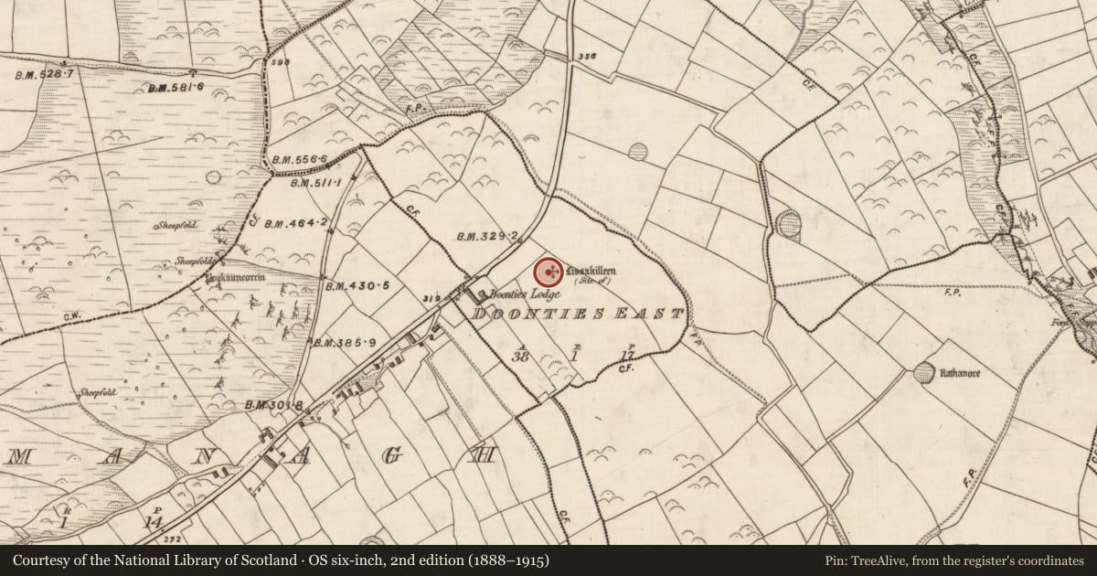 Ordnance Survey six-inch map, 2nd edition (1888–1915) covering the location of Burial ground, Na Dúnta Thoir, County Kerry, with a pin at the register's coordinates