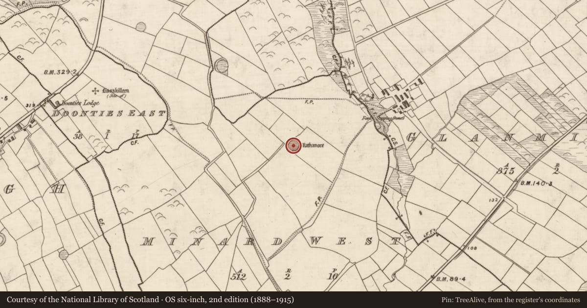 Ordnance Survey six-inch map, 2nd edition (1888–1915) covering the location of Ringfort - rath, An Mhín Aird Thiar, County Kerry, with a pin at the register's coordinates