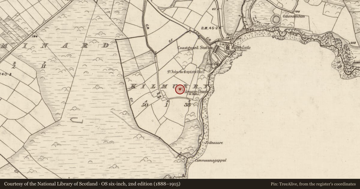 Ordnance Survey six-inch map, 2nd edition (1888–1915) covering the location of Church, Cill Mhuire (TC An Mhín Aird), County Kerry, with a pin at the register's coordinates
