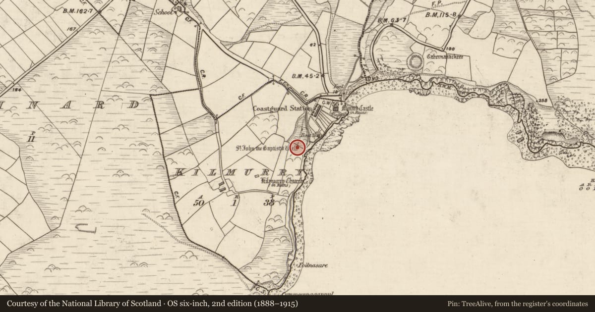 Ordnance Survey six-inch map, 2nd edition (1888–1915) covering the location of Ritual site - holy well, Cill Mhuire (TC An Mhín Aird), County Kerry, with a pin at the register's coordinates