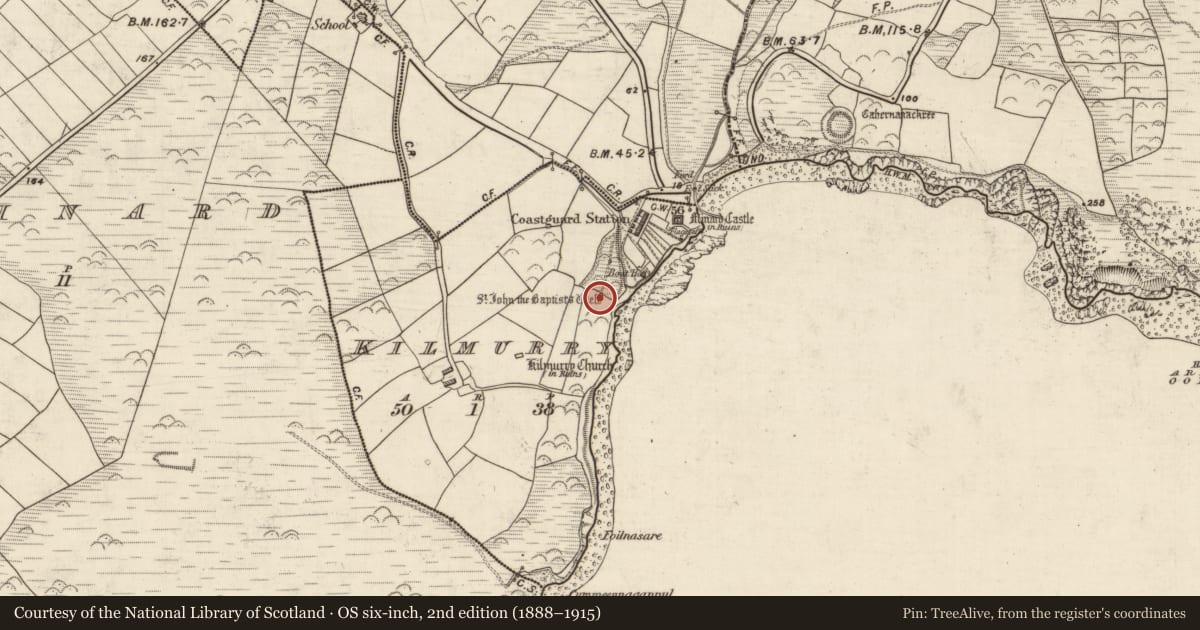 Ordnance Survey six-inch map, 2nd edition (1888–1915) covering the location of Cross-inscribed stone, Cill Mhuire (TC An Mhín Aird), County Kerry, with a pin at the register's coordinates