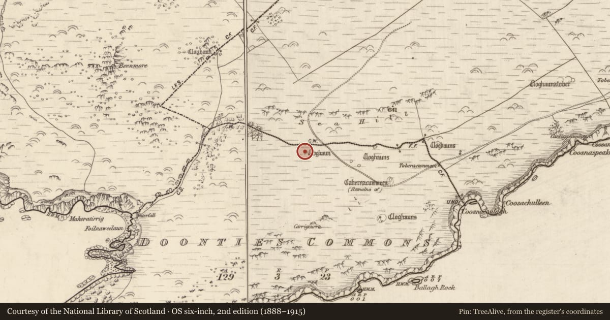 Ordnance Survey six-inch map, 2nd edition (1888–1915) covering the location of Hut site, An Coimín (TC An Mhín Aird), County Kerry, with a pin at the register's coordinates