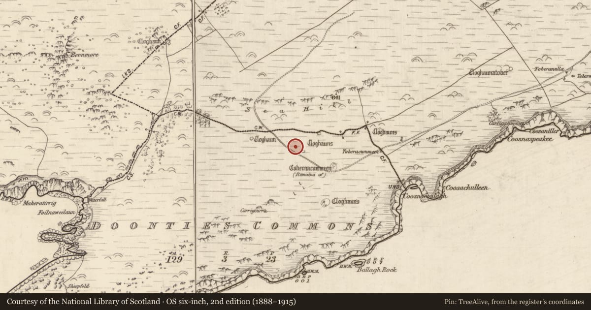 Ordnance Survey six-inch map, 2nd edition (1888–1915) covering the location of Hut site, An Coimín (TC An Mhín Aird), County Kerry, with a pin at the register's coordinates