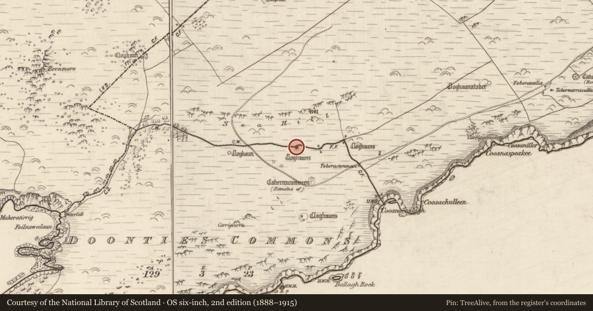 Ordnance Survey six-inch map, 2nd edition (1888–1915) covering the location of Hut site, An Coimín (TC An Mhín Aird), County Kerry, with a pin at the register's coordinates